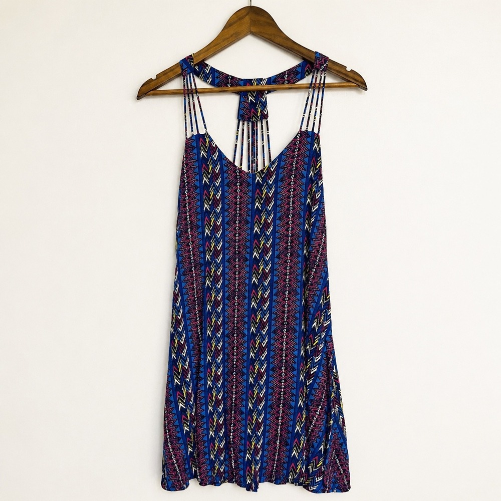 Sterling Women Blue Aztec Tribal Boho Strappy Cage Back‎ Rayon Mini Dress Small